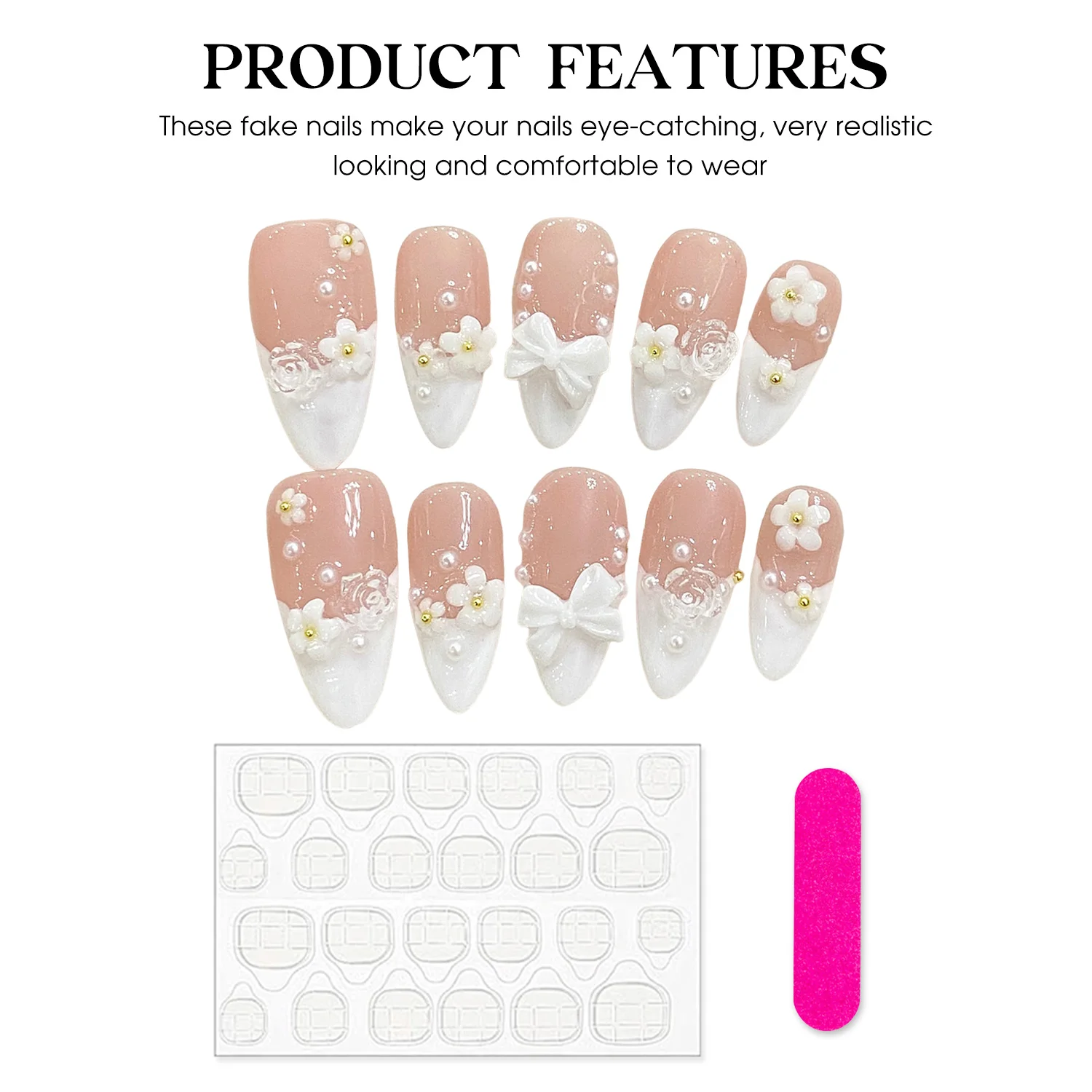 10pcs 3D Bowknots Press On Nails Handmade Almond White French Style Fake Nail Cute Flower Designs INS Korean Wearable Manicure