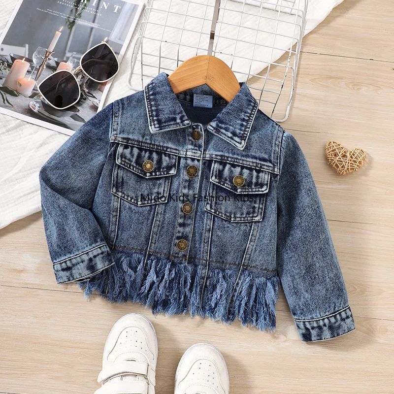 

Джинсовая куртка для девочек, модная повседневная верхняя одежда для малышей с бахромой по низу, осенняя одежда для детей от 12 месяцев до 7 лет