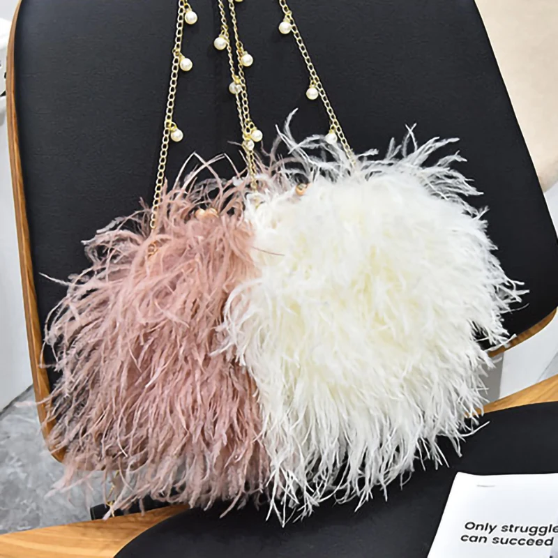 Luxury Ostrich Feather Evening Bags for Women, Female Party Wedding Dress, Shoulder Clutch, Fairy Pearl Chain Handbag, Purses