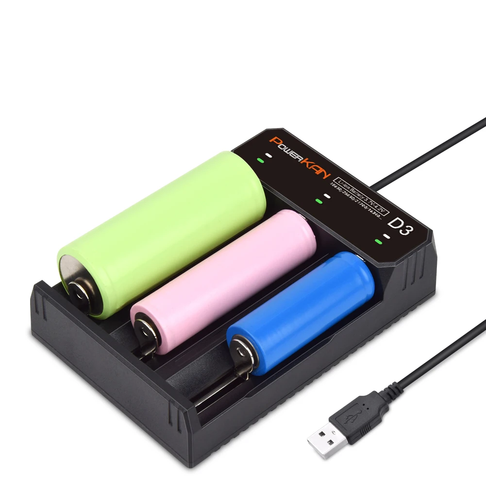 POWERKAN D3 battery charger can charge 1~3pcs 3.7V Li-ion batteries, compatible with 18650 26650 wireless charger compact design