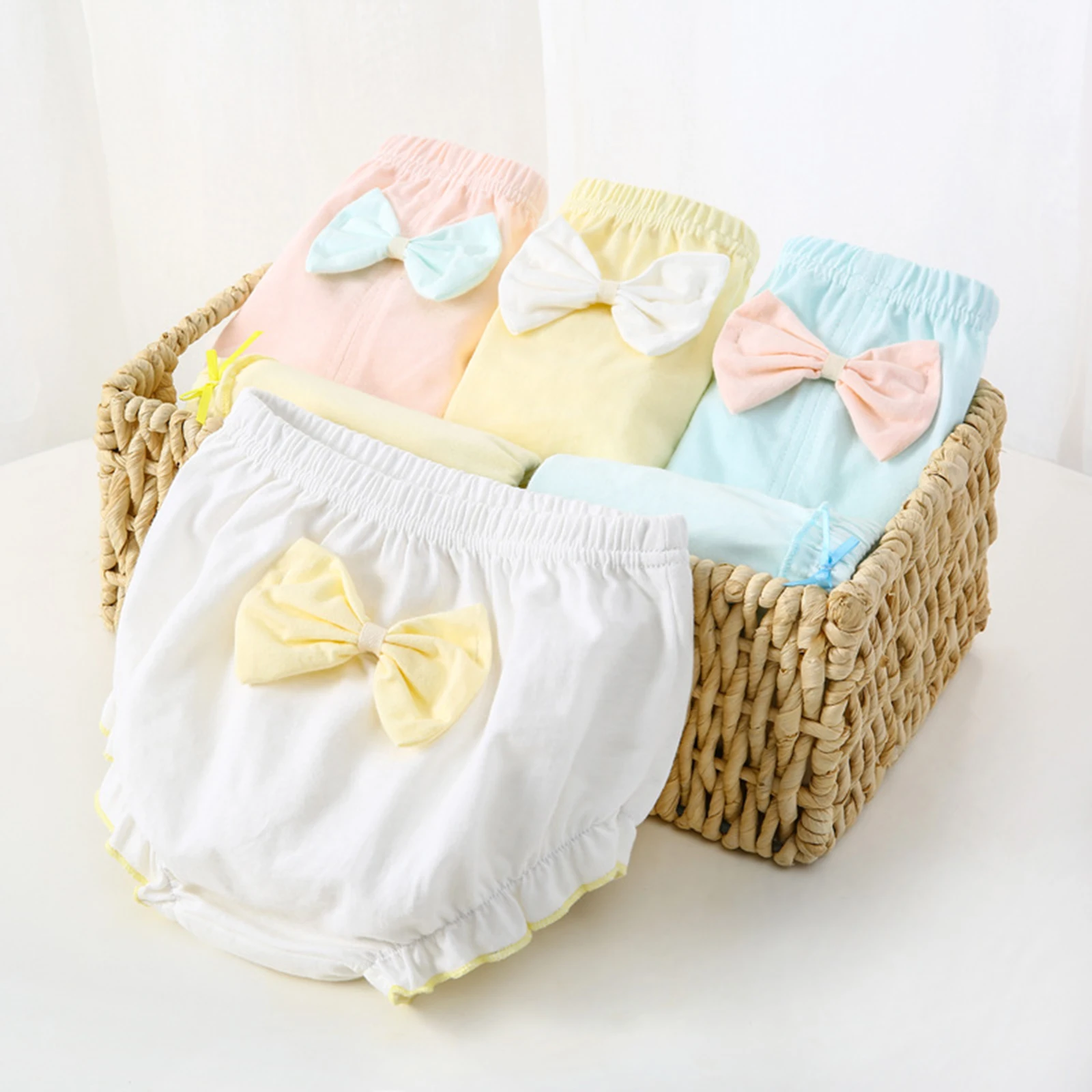 Infant Girls Casual 4Pcs Set Briefs Bread Pants Elastic Waistband Ruffle Bowknot Shorts Reusable Nappies Diaper Cover Underwear