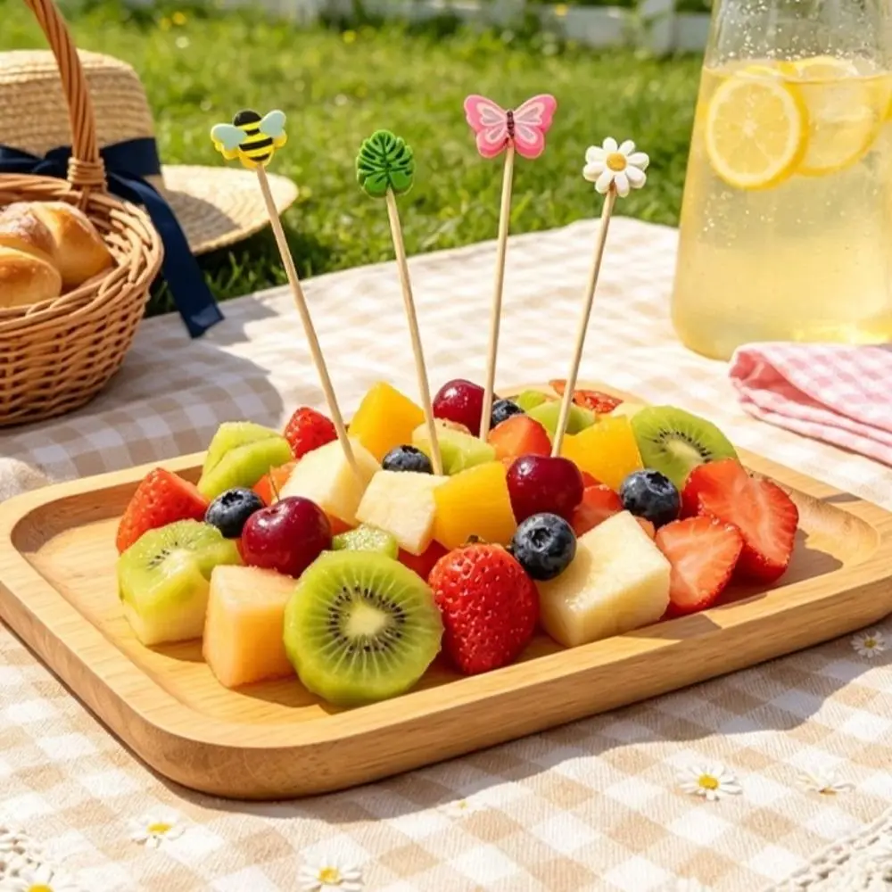 100Pcs Disposable Bamboo Fruit Picks Animal Plant Mixed Candy Color Cocktail Skewers Dessert Toothpicks for Festival Supply