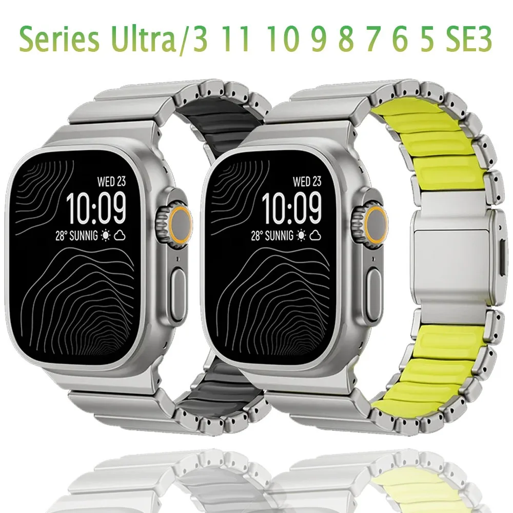 Titanium Rubber Band for Apple Watch Ultra 3 2 49mm series 11 10 46mm 42mm Magnetic Strap for Iwatch 9 8 7 45mm 6 5 4 Se3 44mm
