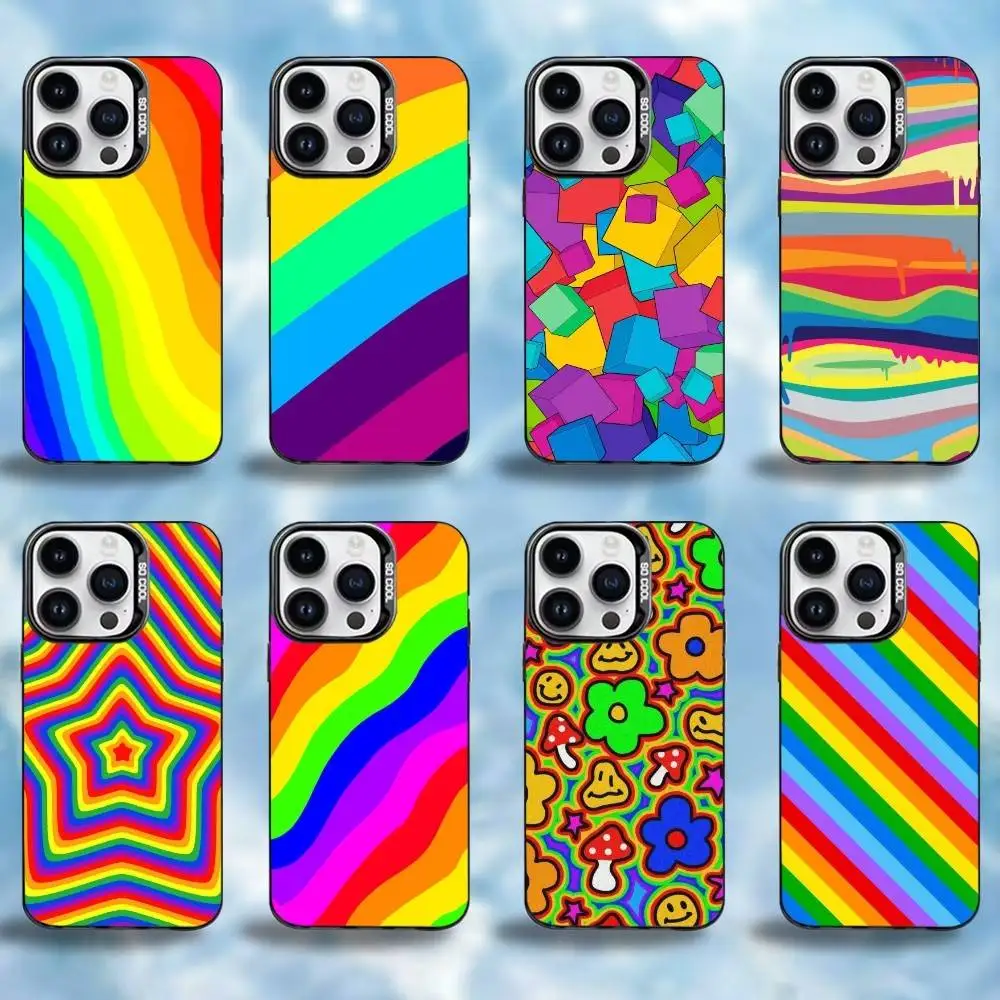 

C-Colorful Rainbow Stripe Phone Case For iPhone17,16,15,14,13,12,Pro Max Black Colored Silver Plated Inside Cover