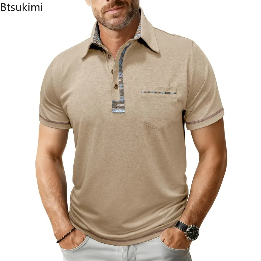 2026 New Men Retro Striped Trim Polo Shirt Short Sleeve Golf Shirt Contrast Placket Chest Pocket Comfortable Breathable Garment