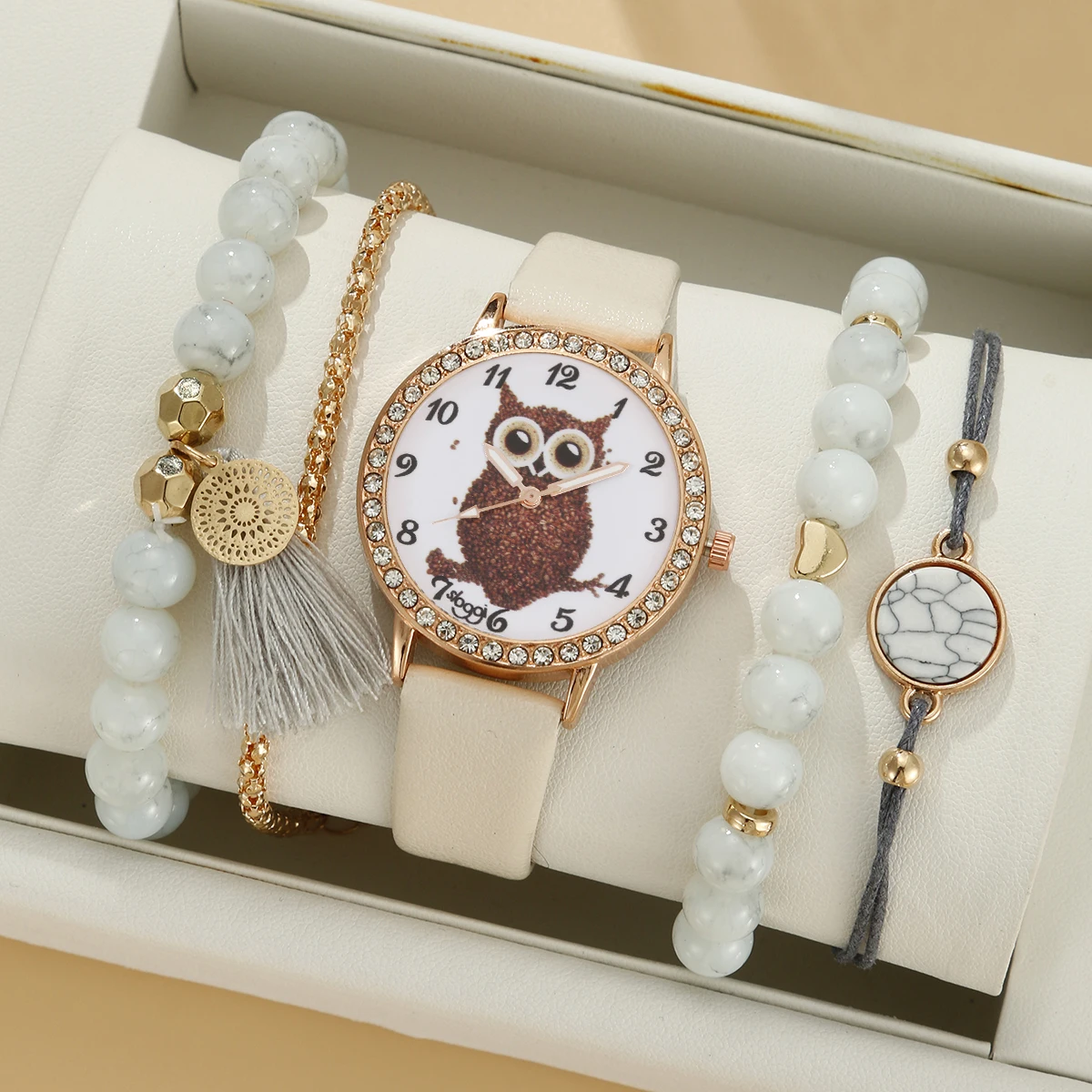 5pcs set women\'s trendy and versatile college leather studded diamond wrist watch cartoon owl quartz watch