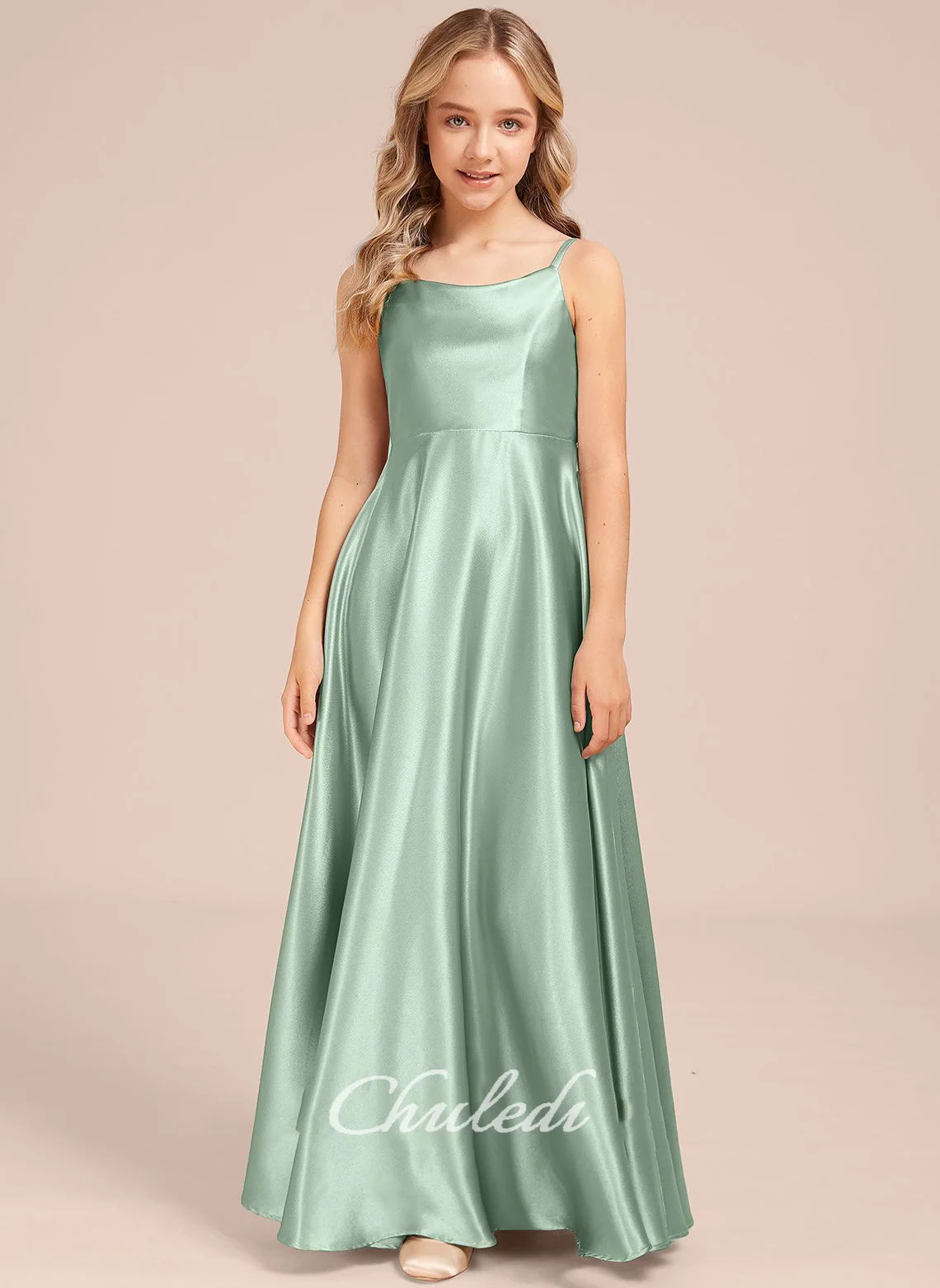 

A-line Cowl Floor-Length Stretch Satin Junior Bridesmaid Dress