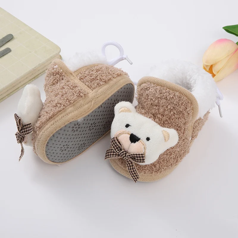 Newborn Soft Soled Baby Shoes Baby Lace-Up Non-Slip Uggs Plush Stitched Cartoon Decorated Cotton Boots