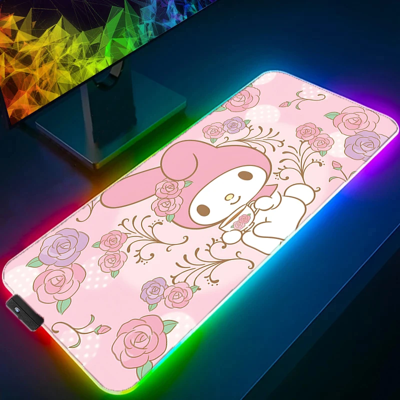 LED Kawaii Anime Mouse Pad Laptop Kuromi My Melody Keyboard Rug RGB PC Sanrio Gamer Cabinet Mousepad Cute Pink Extended Desk Mat