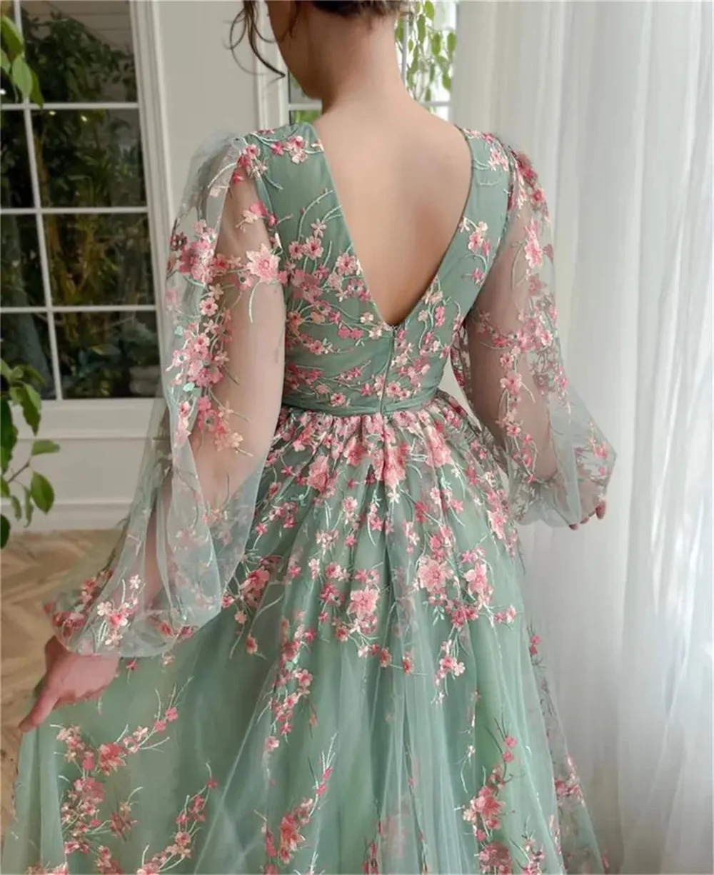 Jessica lange Ärmel in grünen Ballkleider Luxus Blumen arabische Eleganz für Frauen Abendkleider Hochzeit Cocktail kleider