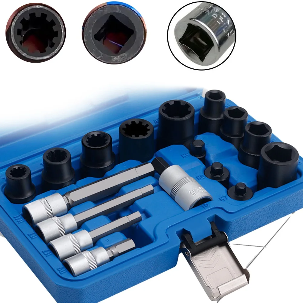17PCS Brake Caliper Special Socket Adapter Set With 1/2 & 3/8 Inch Square Drive Hex And Pentagon Heads