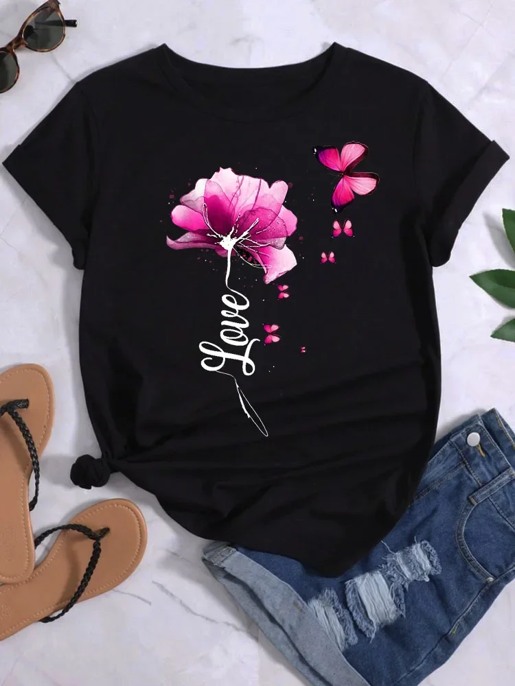 Print Short Sleeve T Shirt Hydrangea Butterfly Women's Casual Fashion Tops O Neck Women's Tops Women's Short Sleeve T-Shirts