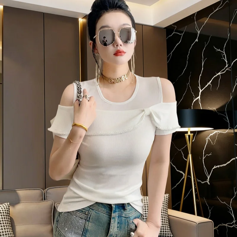 Summer Sexy Off-Shoulder Beaded Ruffle T-Shirt For Women's O-Collar Casual Mesh Patchwork Short Sleeve Solid Color Top Shirt