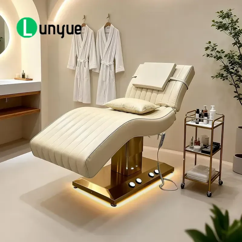 Luxury Massage Bed Gold Stainless Steel Base 2 Motor Foot Control Curved Beauty Furniture for Eyelash Care
