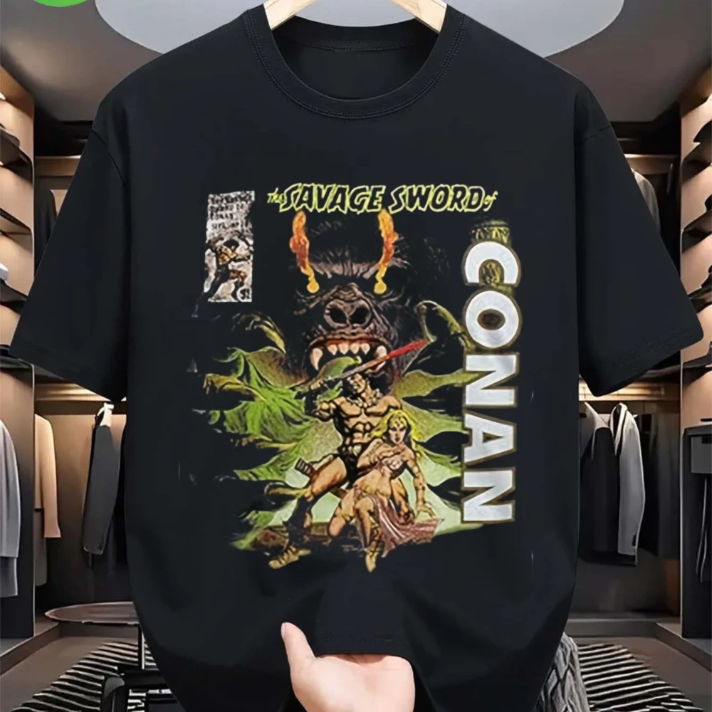 Camiseta Gráfica Masculina Conan, o Bárbaro, Preta, Casual, Manga Curta, Design de Espada Selvagem Conan, Ajuste Regular, Tecido Elástico