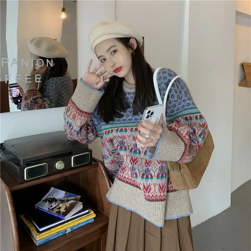 Pull Jacquard tricoté ample à col rond pour femme, coupe rétro, manches longues, décontracté, mode coréenne, Style paresseux, automne/hiver