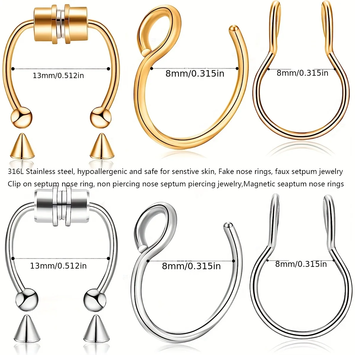 1Pcs/3Pcs Men Stainless Steel Fake Nose Ring Set Fake Nose Septum Ring Magnetic Non-Piercing Cartilage Earring For Woman view 2