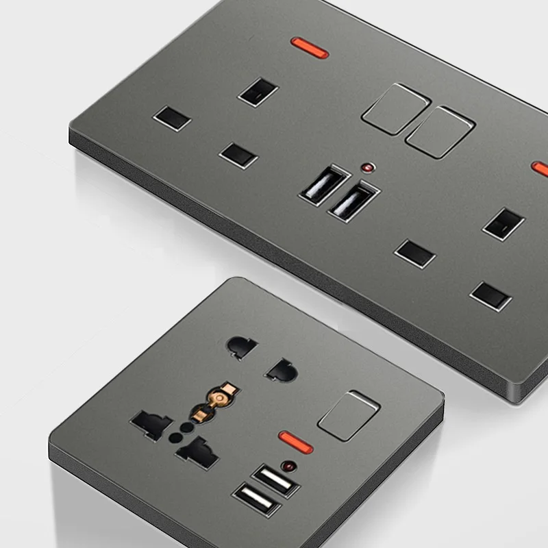 

UK Malta Africa Hongkong Standard Nordic Grey PC Panel Sockets 2USB Type C Fast Charge USB Outlets