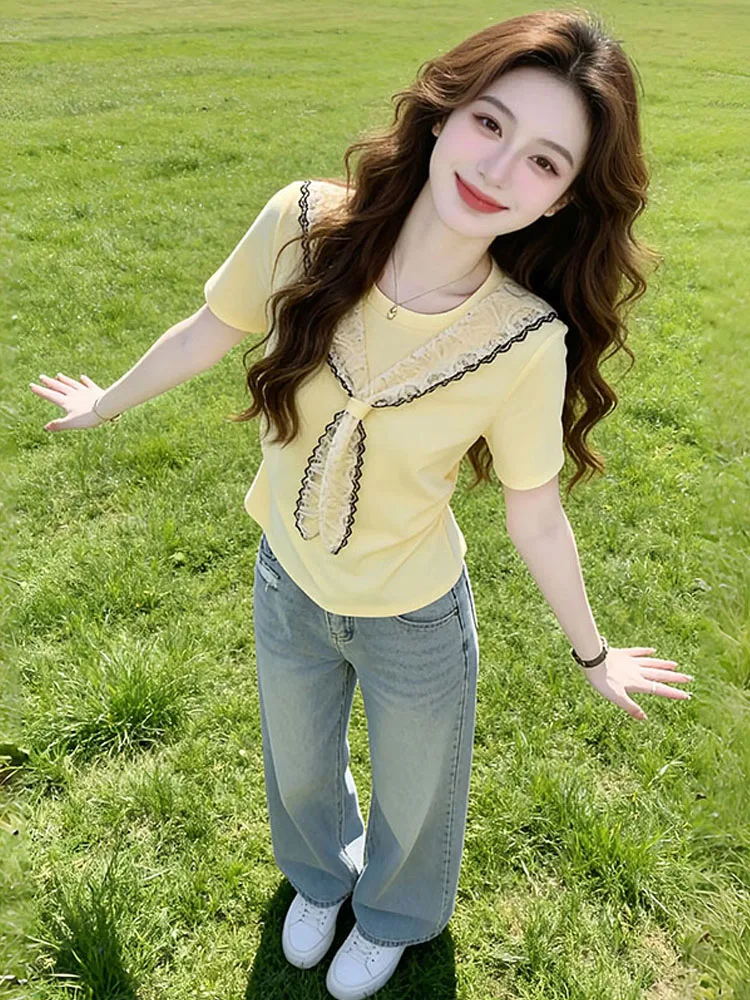 Fashionable Lace Shoulder Wrap T-Shirt Short Sleeve Women's Casual High-End Feeling Summer New Arrival Ladies' Top