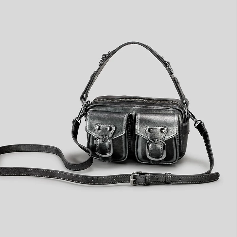 Vintage Multiple Pockets Rivet Women Handbags Box Silver Pu Leather Shoulder Crossbody Bags Camera Shaped Messenegr Bag 2024