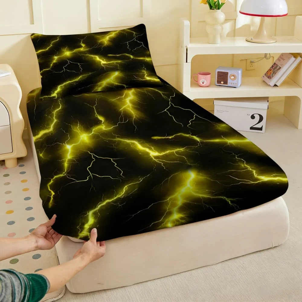 1pc Yellow Lightning Thunder Fitted Sheet Deep Pocket Elastic Mattress Cover Single Double Queen King Bedroom Decor