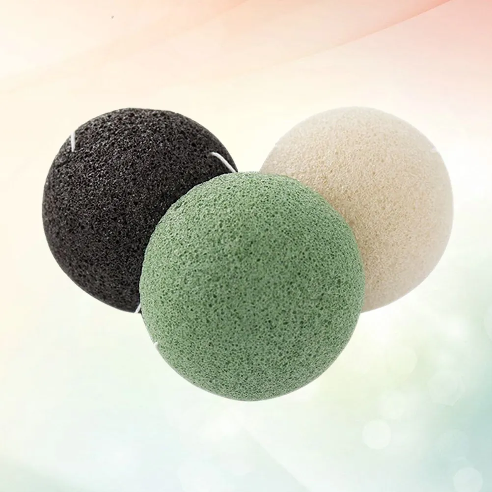 3Pcs Konjac Sponges Natural Round Facial Cleansing for Gentle Daily Exfoliating Remove Makeup Black Green White Wash Face view 2