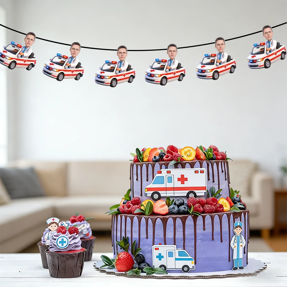8/17/26pcs Personalized Facial Ambulance Themed Banners Customized Facial Ambulance 2D Pattern Design Props for Birthday Party