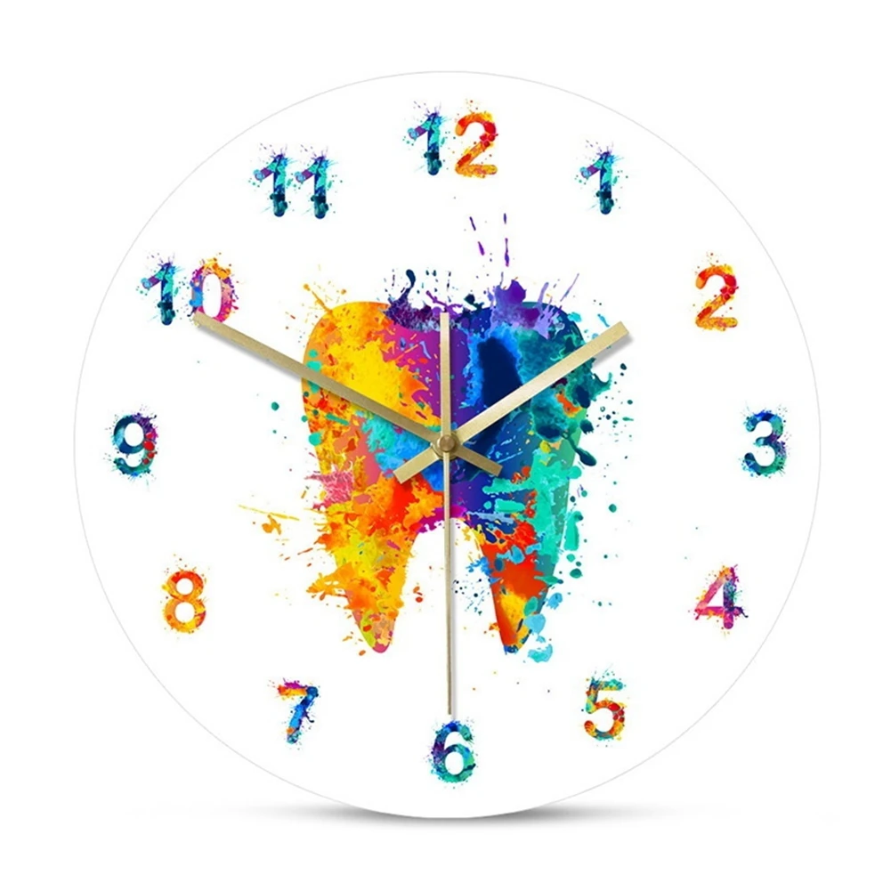 

Watercolour Tooth Painting Print Wall Clock Dental Clinic Wall Art Non Ticking Wall Watch Orthodontist Dentist