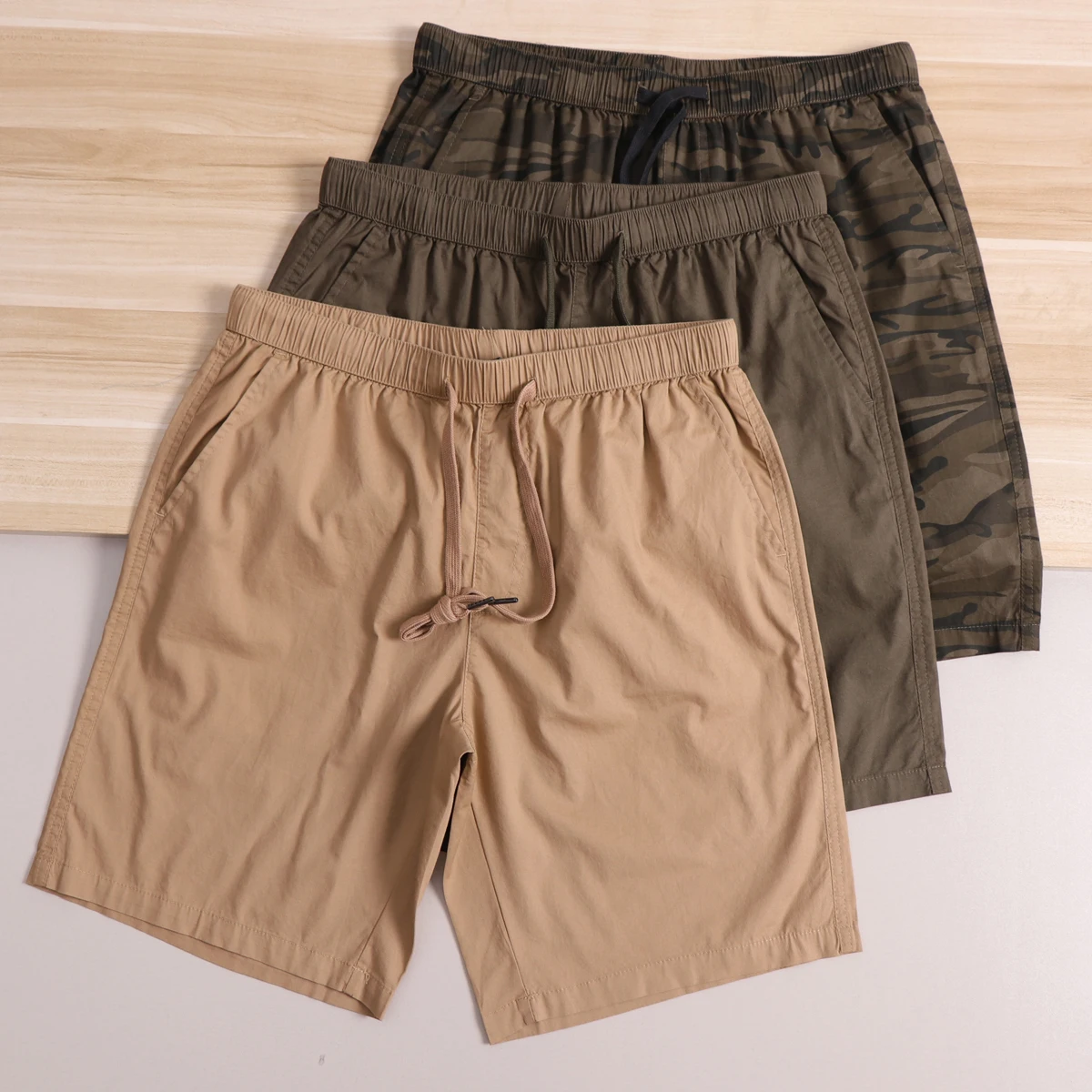 Camouflage Cool Khaki Simple Military Green Workwear Style Men's Five-Quarter Short Cotton Elastic Waist Summer Trousers