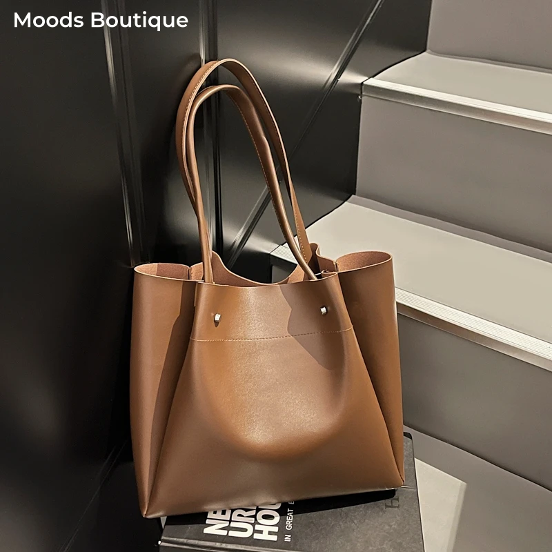 

MOODS Soft PU Leather Pure Color Tote Bags For Women Casual Street Large Capacity Shopper Shoulder Bucket Bag Commuter Handbags