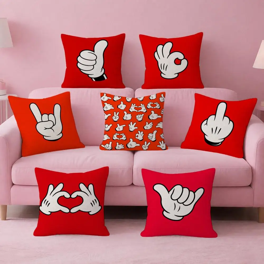 Art Red Finger Gesture Cushion Cover Pink Linen Texture Cushion Cover Double Sided Invisible Zipper Deco