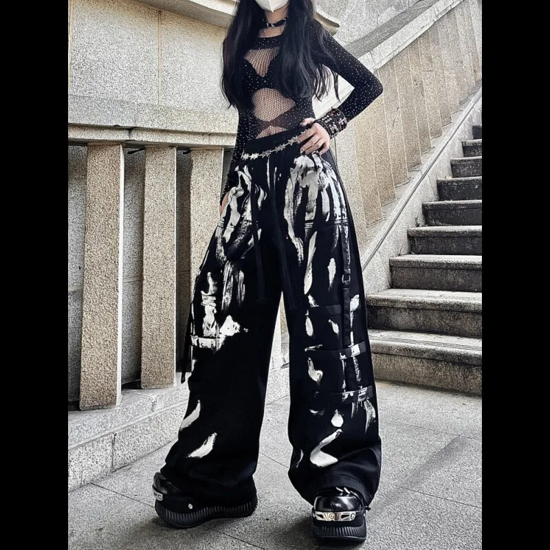Womens Graffiti Cargo Pants Wide Leg Ribbon Detail Trousers for Streetwear Hip Hop Dance and Dark Fashion Outfits