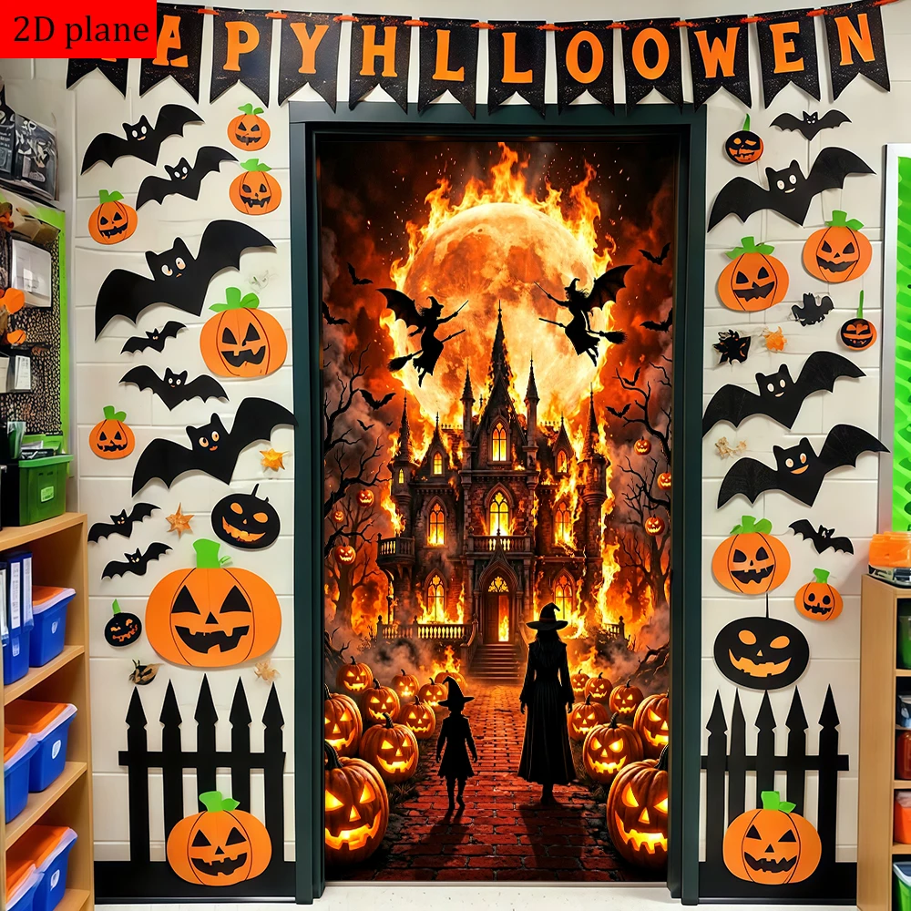 ハロウィン魔女城カボチャランタン満月火バットドアフレーム装飾 - Pumpkin Lantern Halloween のレビューと価格