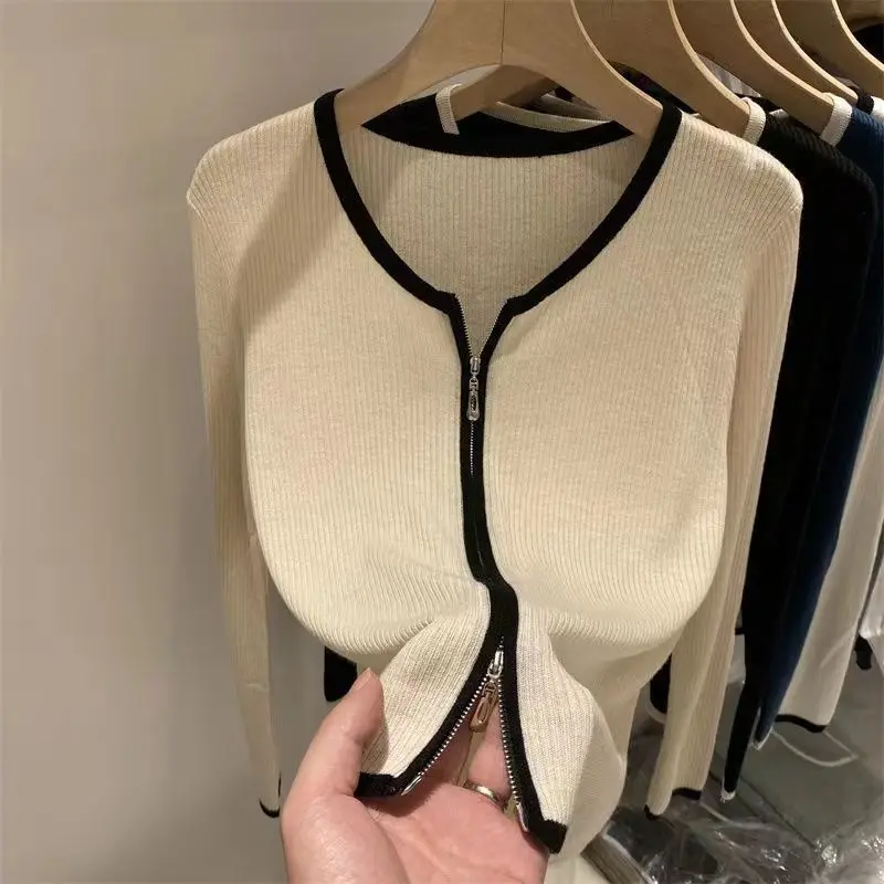 Knitting Cardigan Female Autumn Temperament Top Tee 2024 New Bottoming Shirt Fashion Zipper O-neck Long Sleeve Sweater Top Tee