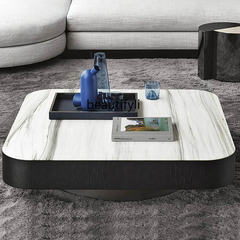 Italian Natural Marble Coffee Table Living Room Sofa Nordic Simple Modern round Tea Table Solid Wood