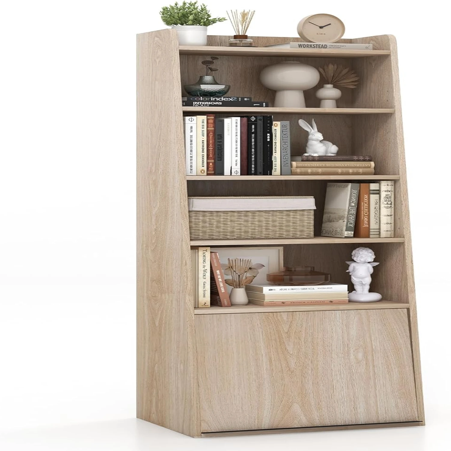 

6 Tier Bookcase, Modern Bookshelf w/ 2 Adjustable Shelves & Flip-up Door, Wood Cabinet with 5 Open Shelves, Freestanding Di