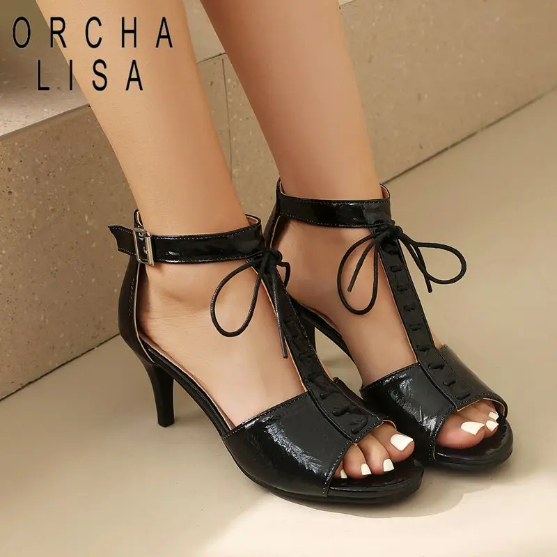 

ORCHALISA Горячая новинка: женские босоножки с открытым носком, каблук-шпилька 7,5 см, с пряжкой и шнуровкой, большие размеры 41, 42, 43. Идеально для свиданий и вечеринок.