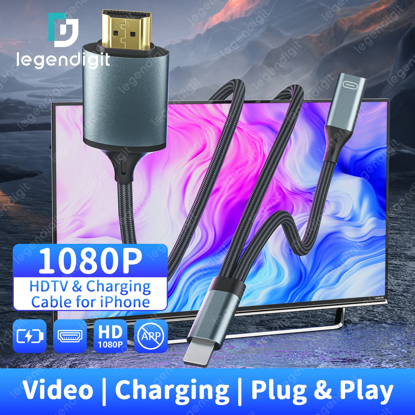 Lightning to HDTV Adapter Cable with Charging for iPhone on HDTV Monitor Projector Display Sync Video Sound iPhone to HDTV Cord
