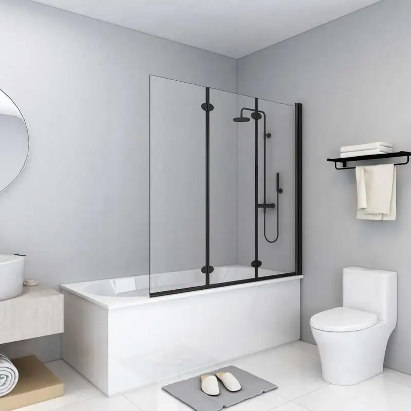 Paroi de douche pliable à trois panneaux en verre trempé de sécurité, finition noire, anti-éclaboussures efficace pour séparer les zones sèche et humide, dimensions totales 130x138 cm, cloison compacte pour salle de bain contemporaine