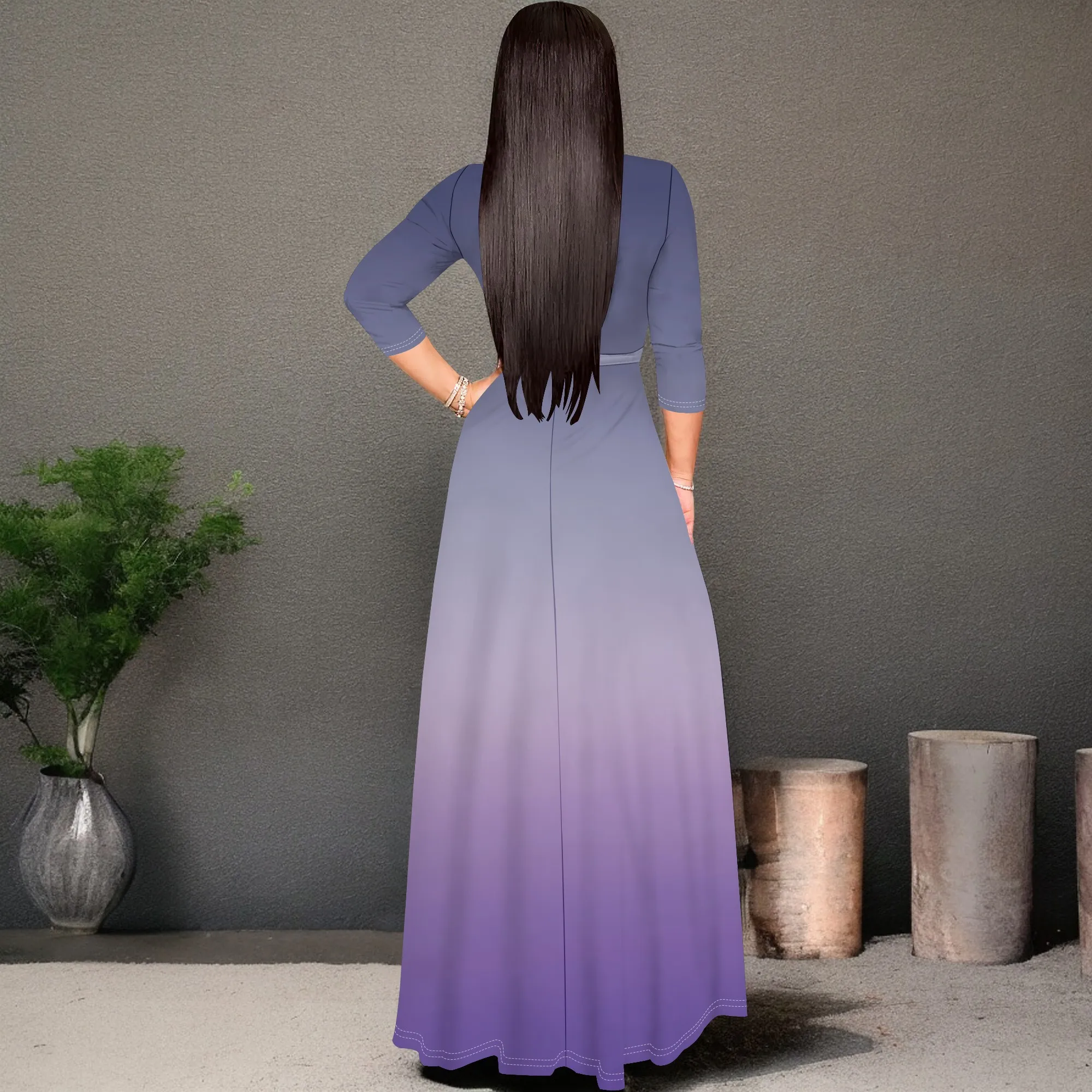 Abiti estivi casual da donna Maxi manica a 3/4 Sexy scollo a V profondo aderente avvolgente Abito da vacanza al mare fluido con cintura