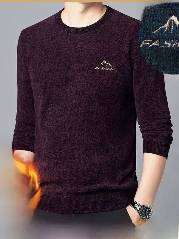 

Новый мужской утепленный вязаный свитер с круглым вырезом на флисовой подкладке, базовый слой, теплый, модный, осенне-зимний, повседневный, с длинным рукавом, 2025