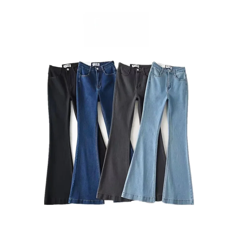 Deep Blue High Waist Tight Fit Flared Jeans Women's Autumn New Sle Commute Cotton Stretch Denim Bootcut Long Trousers