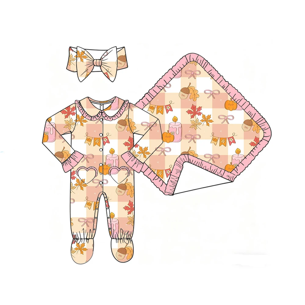 Thanksgiving Day Boutique Girls' Blanket and Romper Lapel Ruffle Buttons Love Pocket Binding Feet Pumpkin Print Custom Patterns