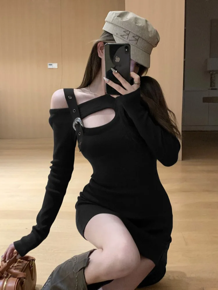 

Autumn Winter Hollow out Shoulder Bum Skimming Dress Women's High Waist Slim Fit Base Layer Flocking Short Skirt