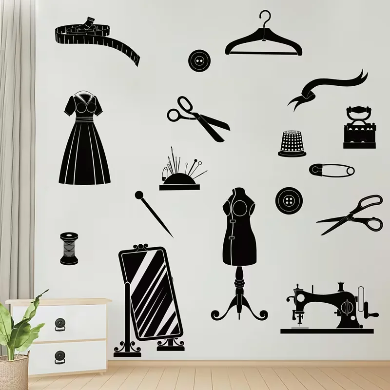 1pc Black Retro Sewing Machine Wall Sticker Tailor Shop Decoration Sewing Equipment Sticker