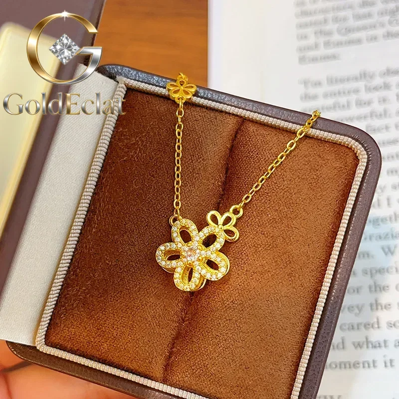 

GoldEclat Luxury 24K 9999 Pure Gold real gold Drill Hollow Five-petal Flower Pendant Rotating Cherry Blossom Necklace