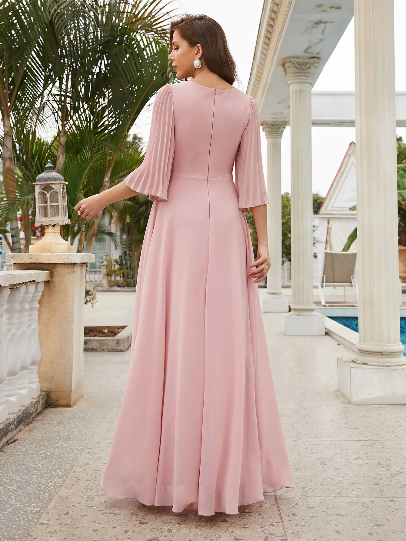 Unithorse Plunging Neck Flounce Sleeve Maxi Bridesmaid Dress