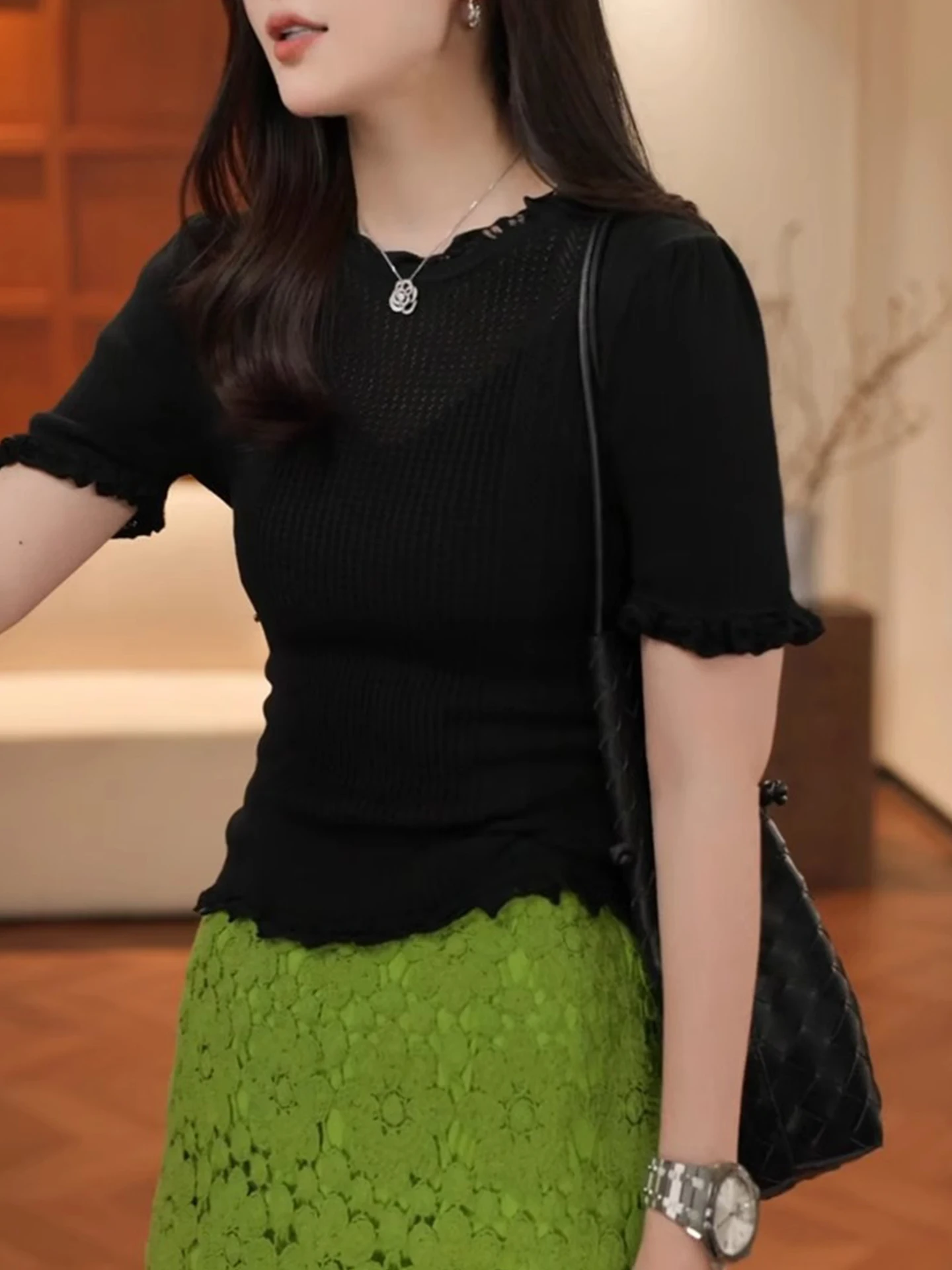 

European Sle Breathable Slim Fit Hollow out ort Sve Knitwear Pure Color Summer New Arrival Women's Comfortable Top