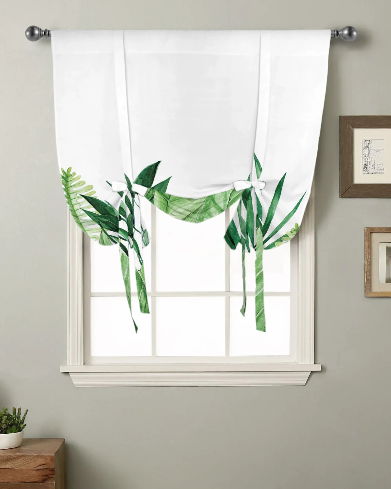 Green Tropical Plants Leaves Curtain for Living Room Kitchen Tie-up Short Curtains Adjustable Rod Pocket Drapes