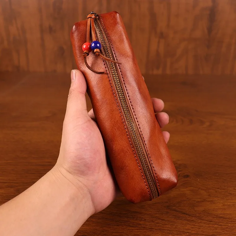 حالة قلم رصاص الجلد الطبقة العليا الجديدة مع كيس تخزين سعة كبيرة ، كيس نظارات الجلد الأصلي ، حالة قلم رصاص السحاب الرجعي #2